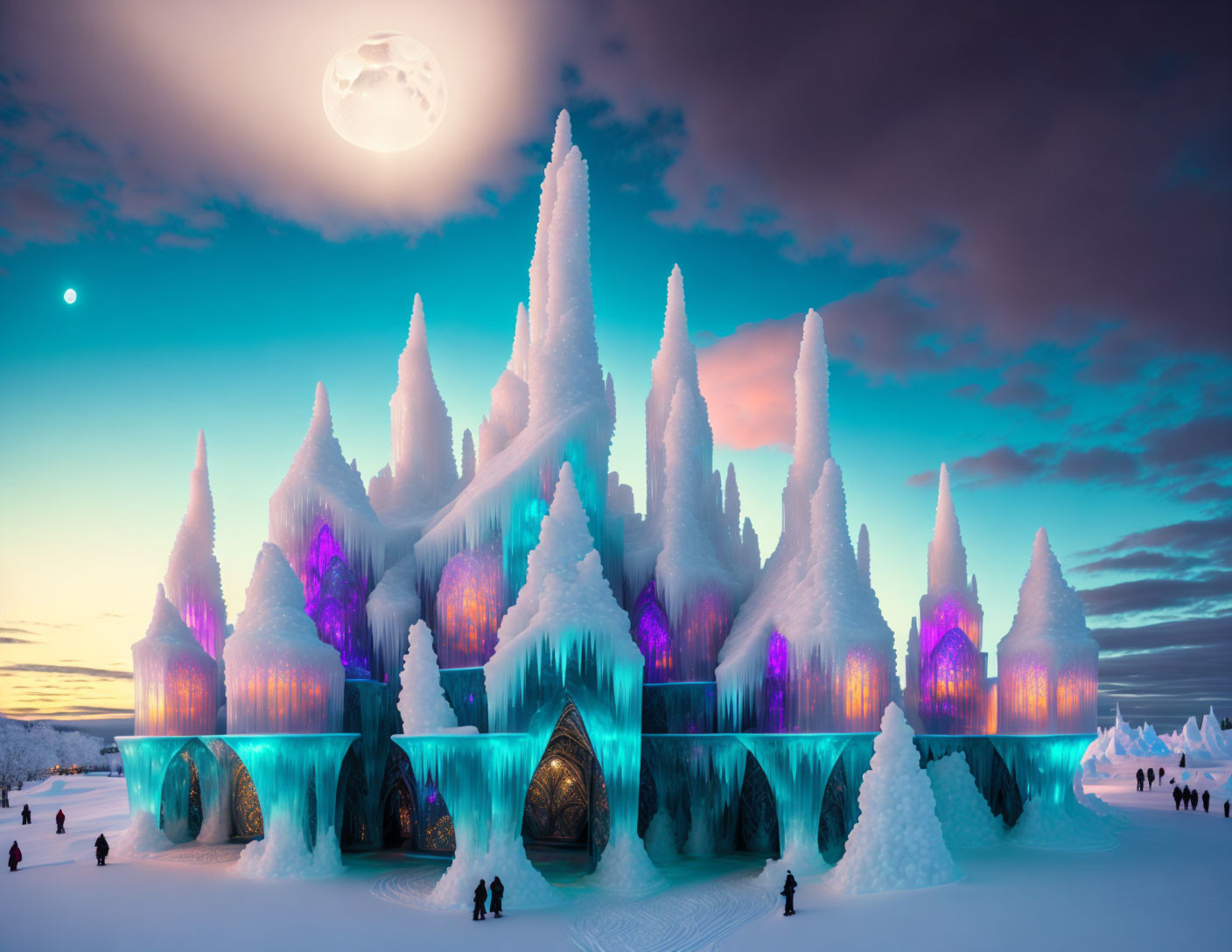 Enchanting ice palace illuminated by purple and blue lights at twilight