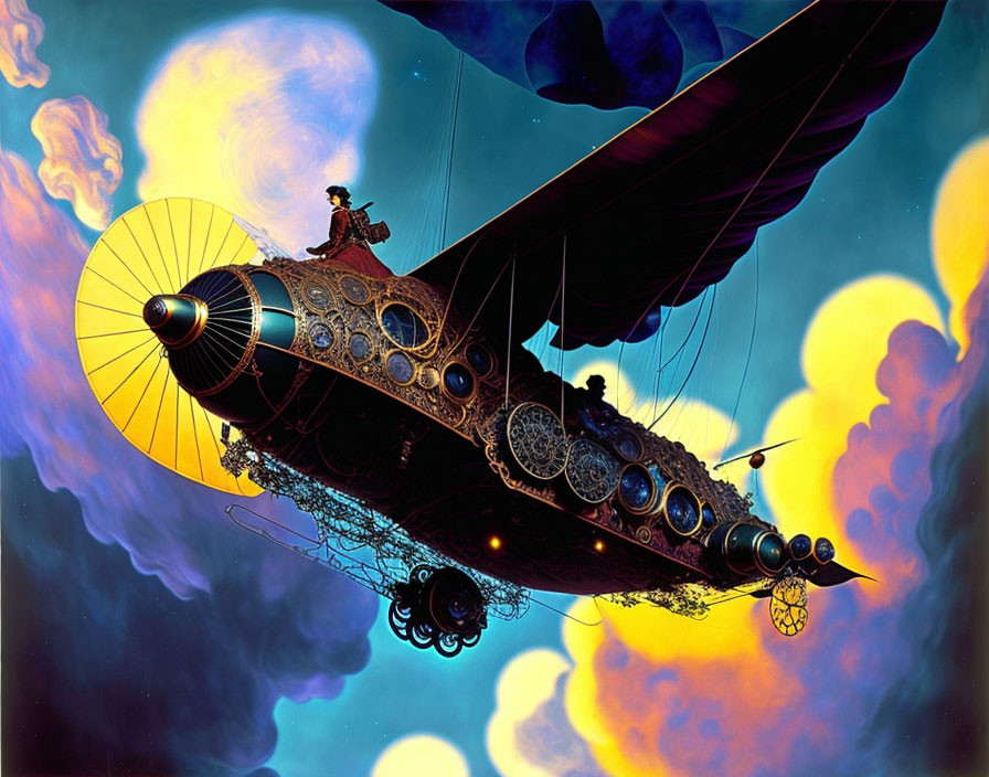 Colorful Steampunk Airship Soaring in Surreal Sky