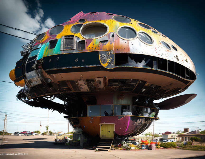 Colorful UFO-Shaped Building with Weathered Appearance