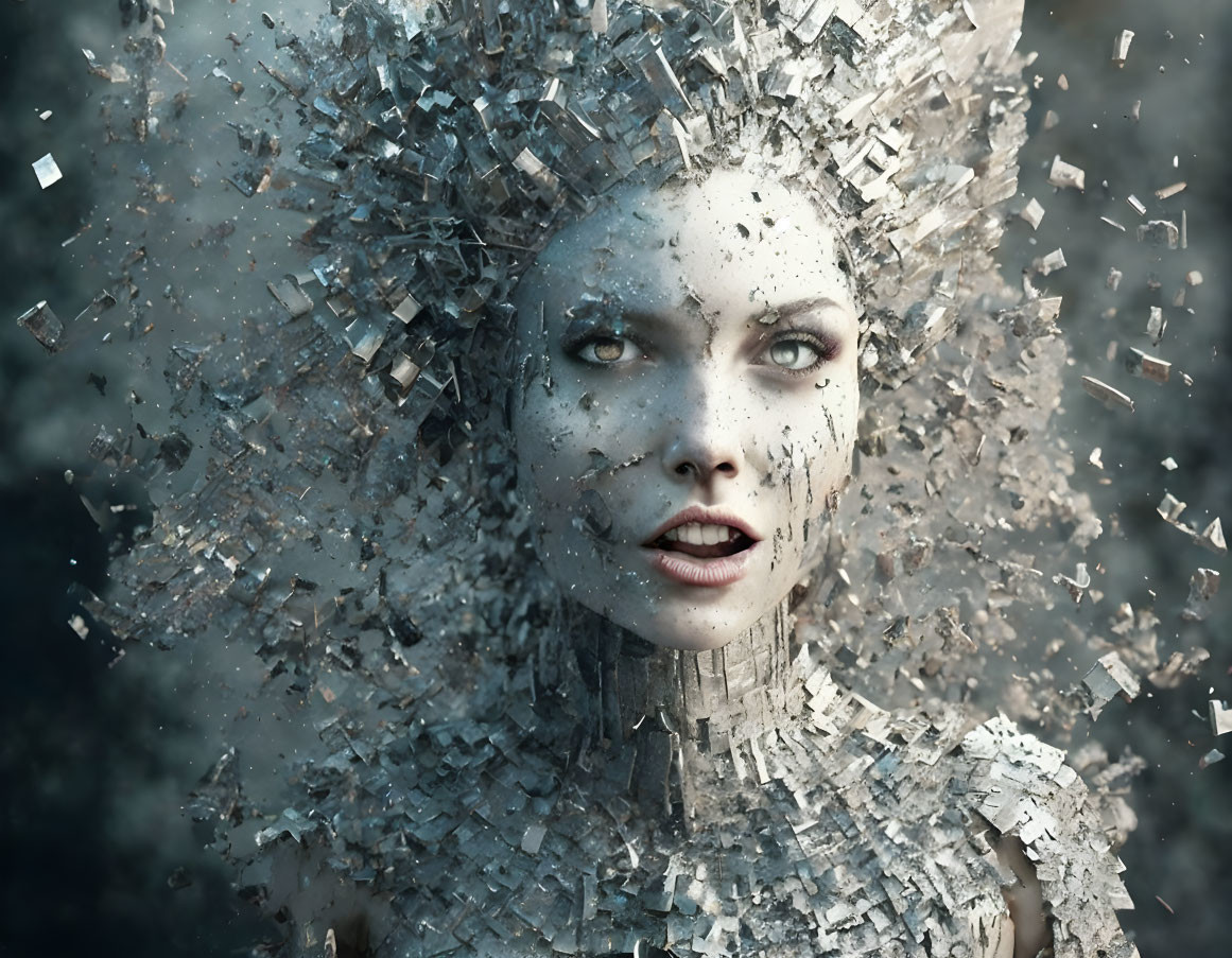 Fragmented metallic shards create woman's face in artwork