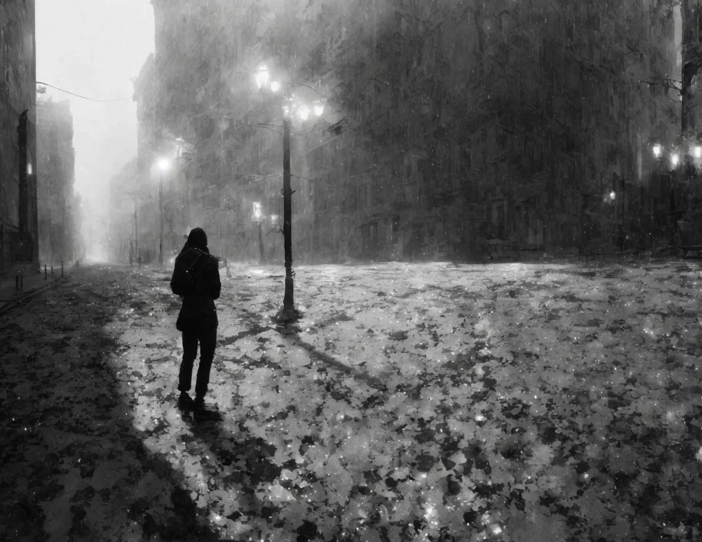 Lonely figure in snow-covered city street at night with falling snowflakes