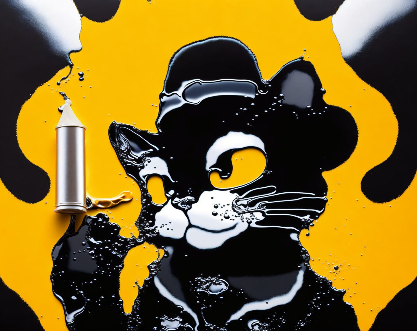 Cat and lipstick liquid art on yellow background