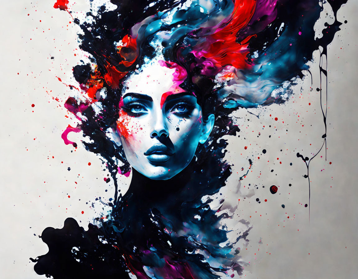 Colorful abstract painting of woman's face in black, blue, red, and white.