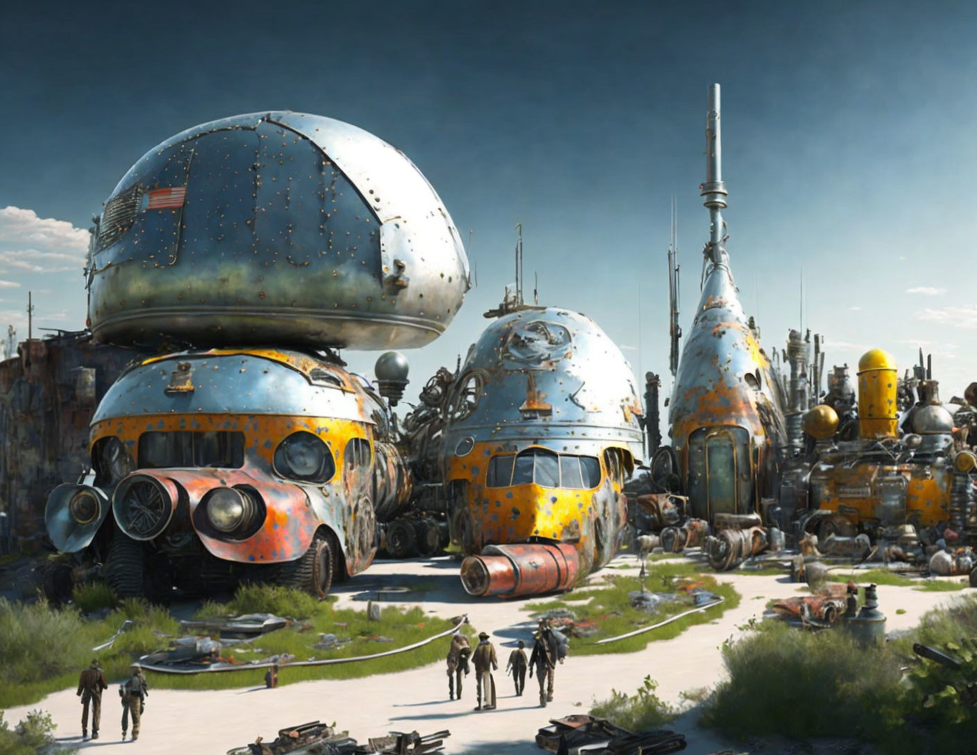 Dilapidated spherical structures in futuristic landscape