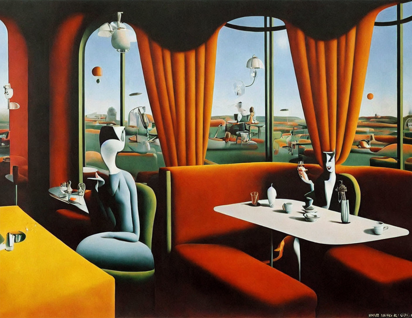 Surrealistic painting of humanoid figures in stylized café