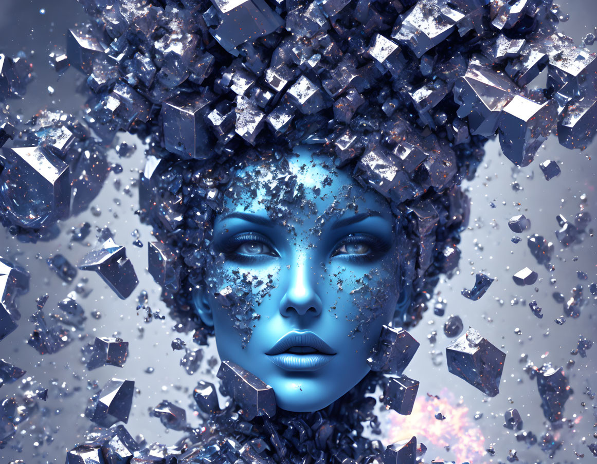 Blue-skinned figure with crystalline crown in surreal artwork