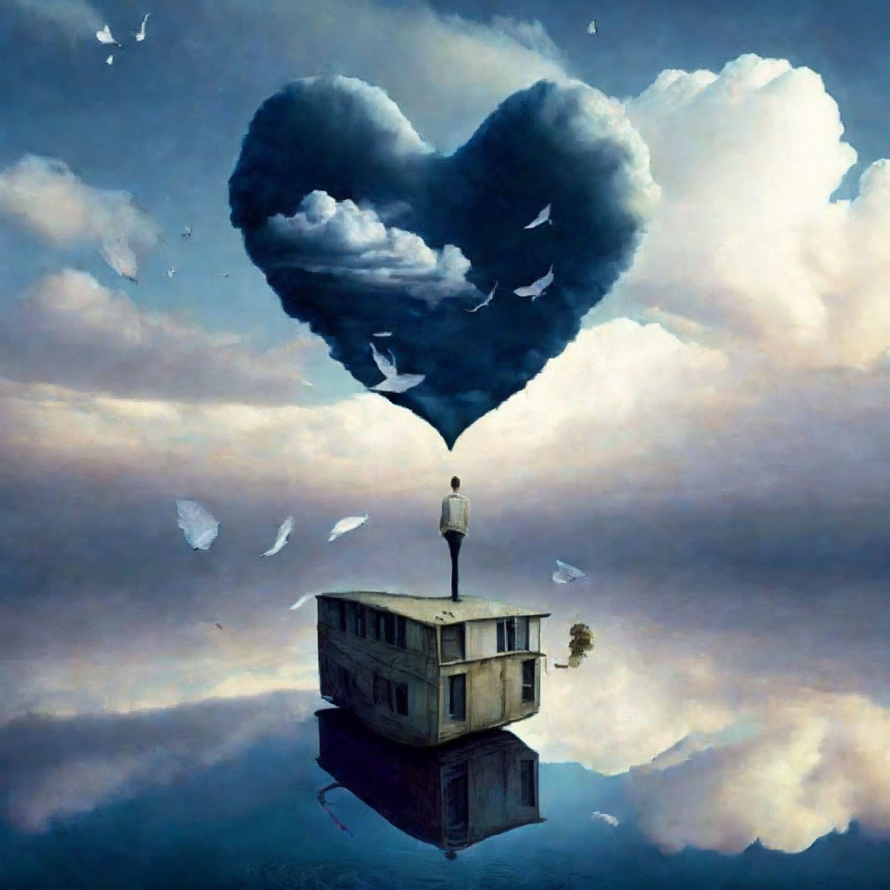 Person on Floating Building Gazes at Heart Clouds, Birds, and Paper