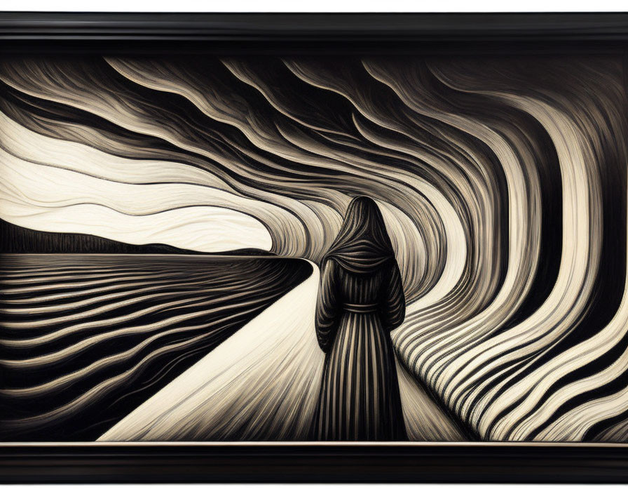 Abstract black and white wavy landscape converging towards central figure