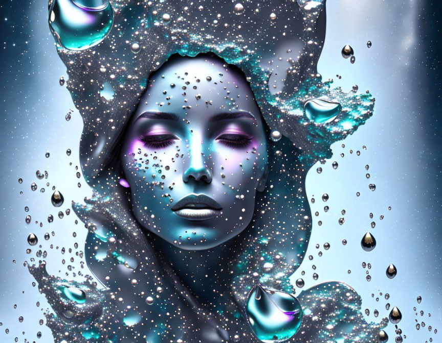 Surreal image: Woman's face with blue skin and water droplets, liquid splash and floating