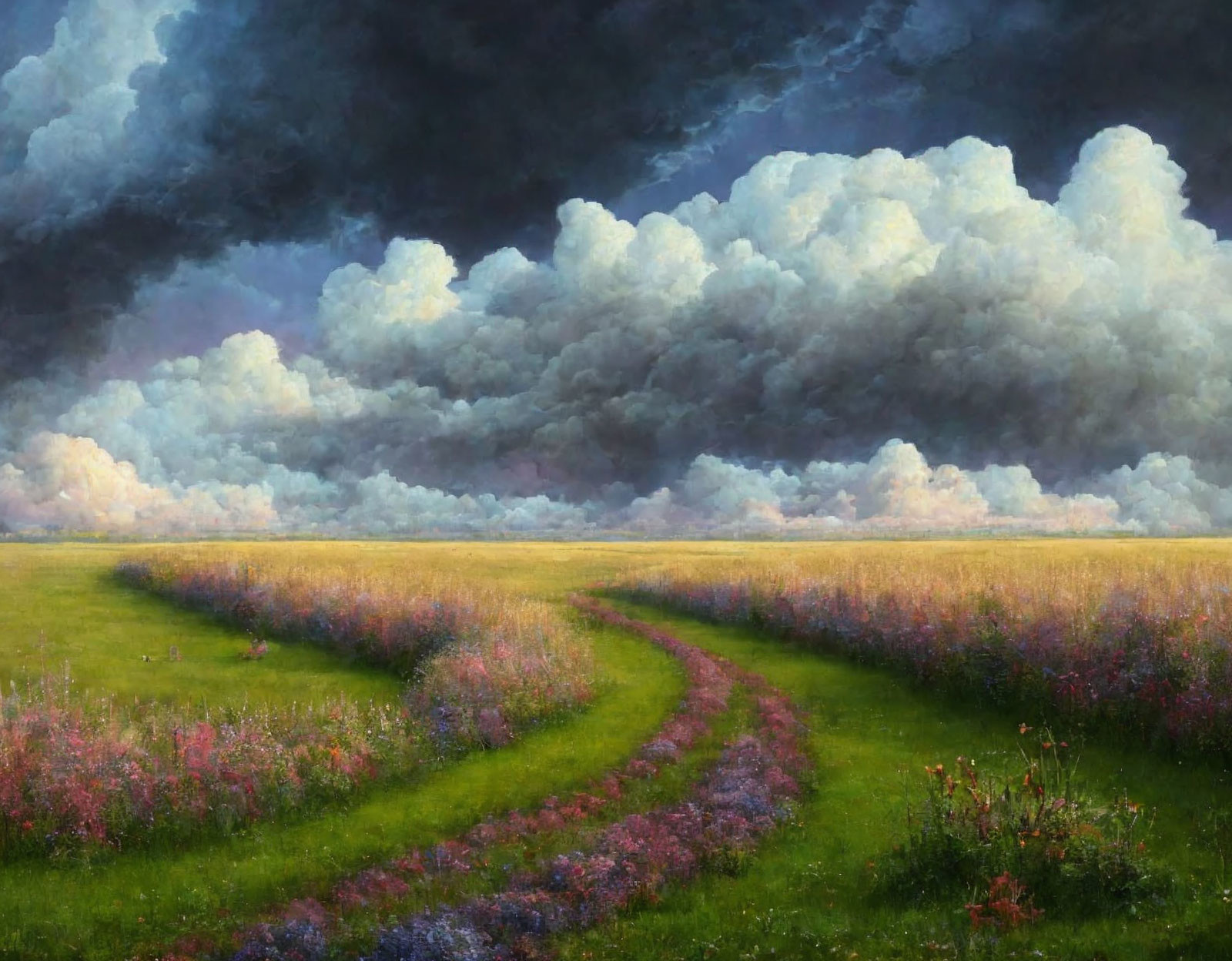 Scenic painting of a winding dirt path through wildflower meadow under stormy sky