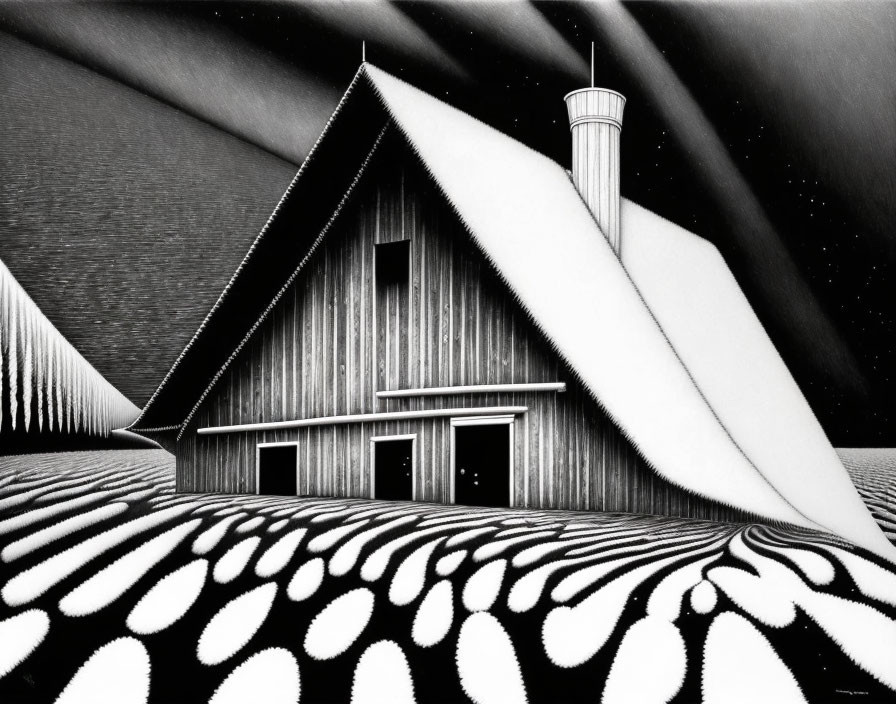 Monochrome surreal house illustration with exaggerated perspective rays and patterned landscape