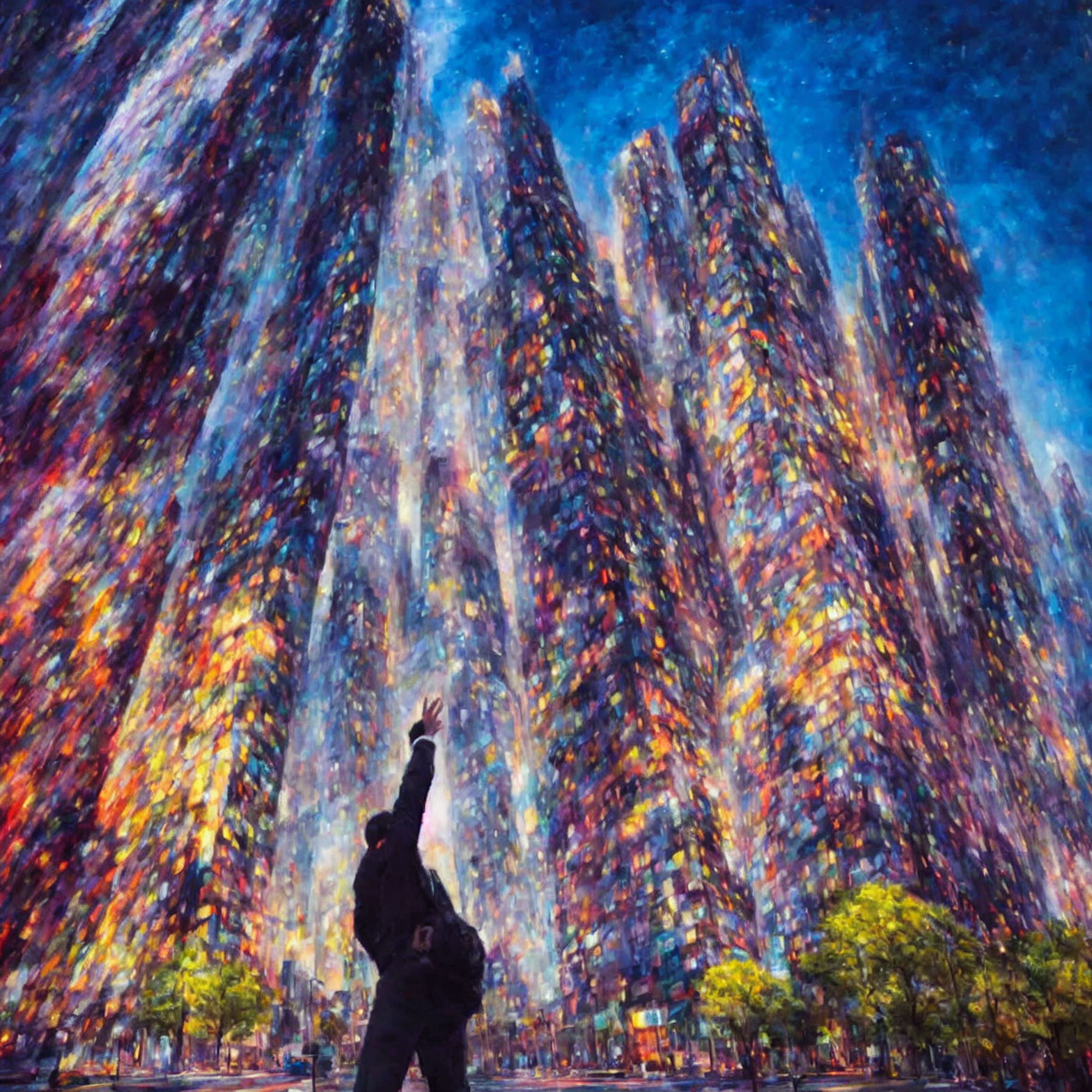 Person reaching towards colorful, impressionistic skyscrapers at night