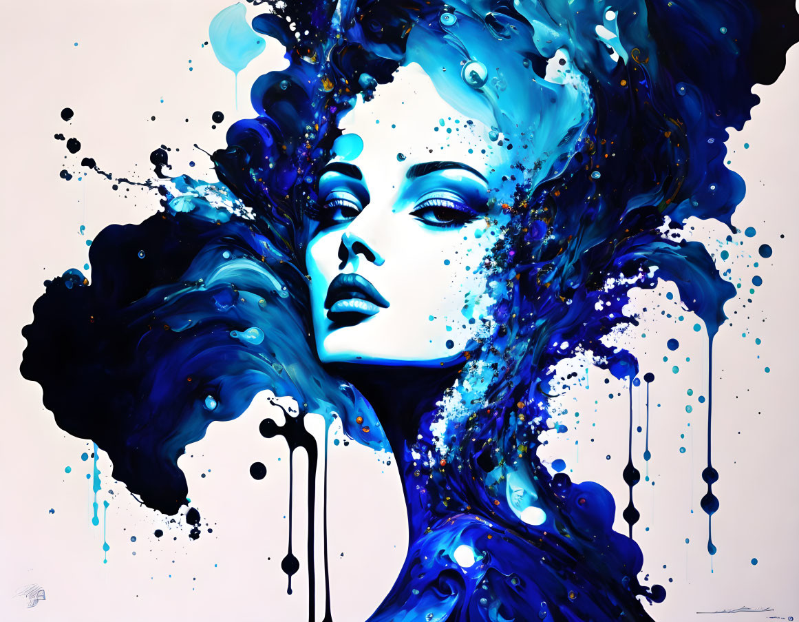 Colorful Abstract Art: Woman's Profile with Flowing Hair in Blue and Black Ink Splashes