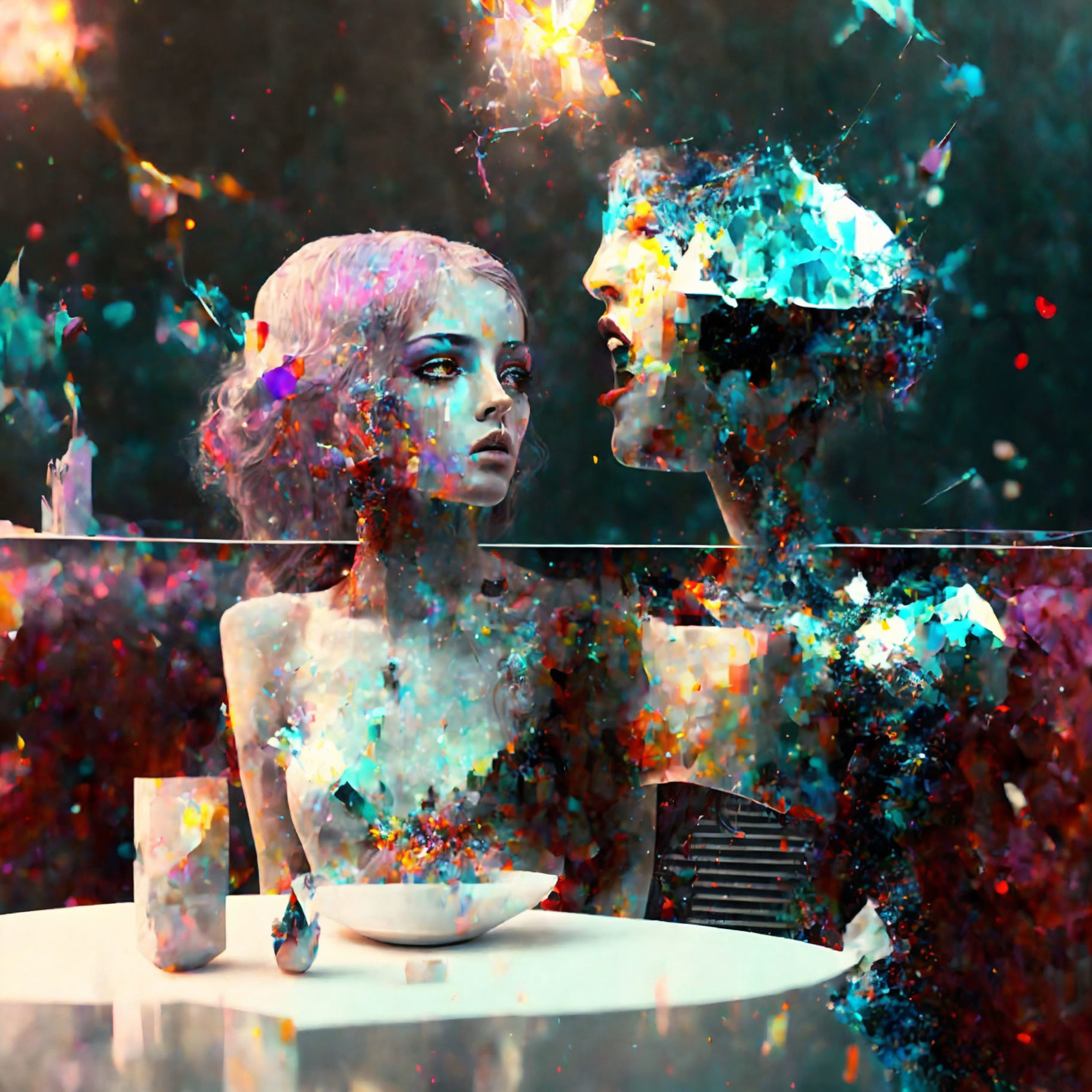 Surreal artwork: Faces disintegrating into colorful particles at table