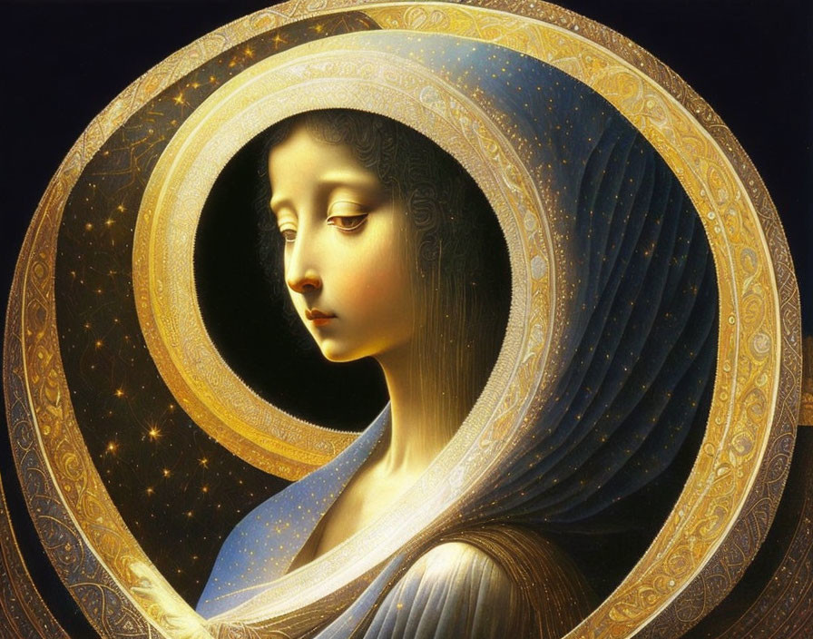 Serene woman with star halo in celestial-themed painting