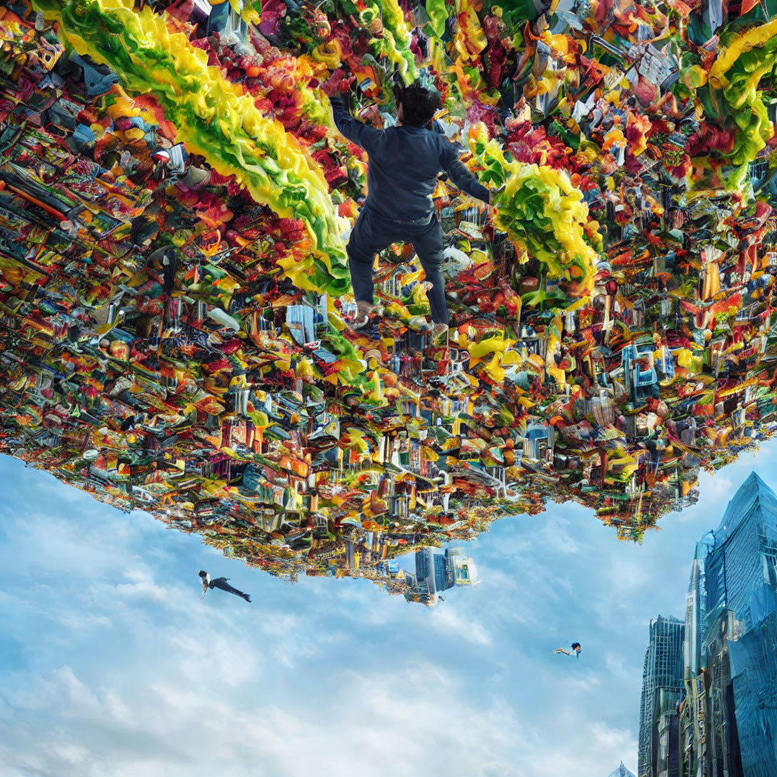 Person leaping between vibrant debris clusters over cityscape