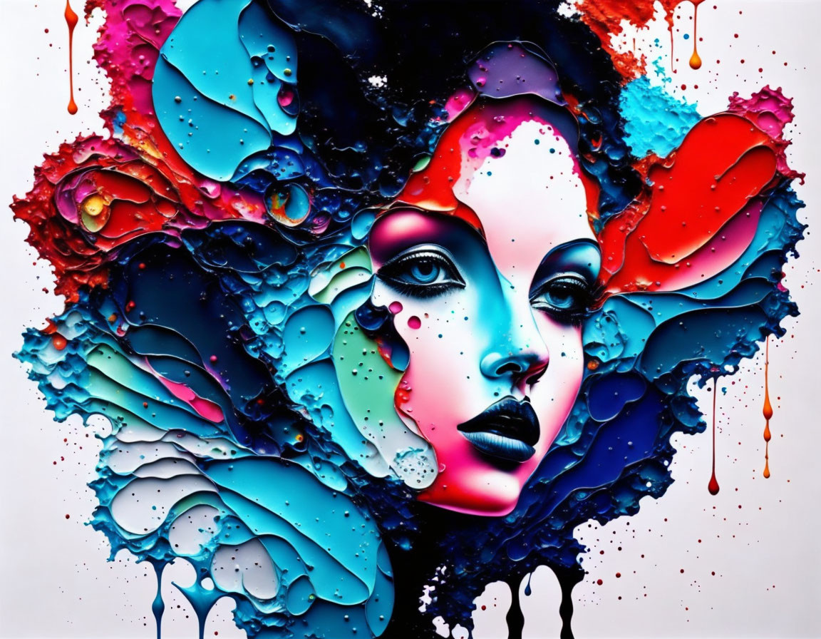 Colorful Abstract Portrait of Woman with Paint Drips and Floral Patterns