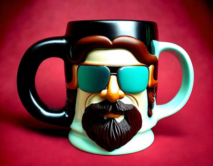 Man Face Novelty Mug with Sunglasses, Mustache, and Beard on Red Background