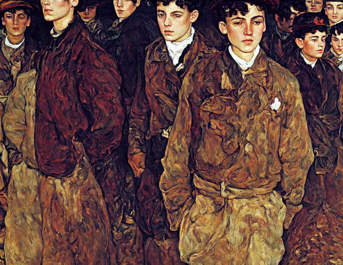 Crowded group of solemn young soldiers in brown military uniforms