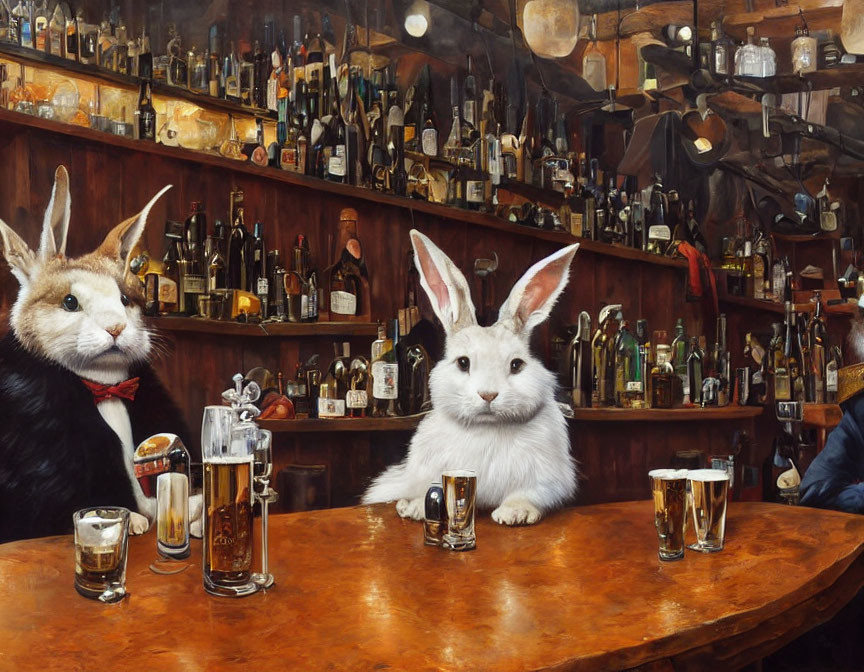 Anthropomorphic rabbits enjoying beers at a bar with bottles and accessories.