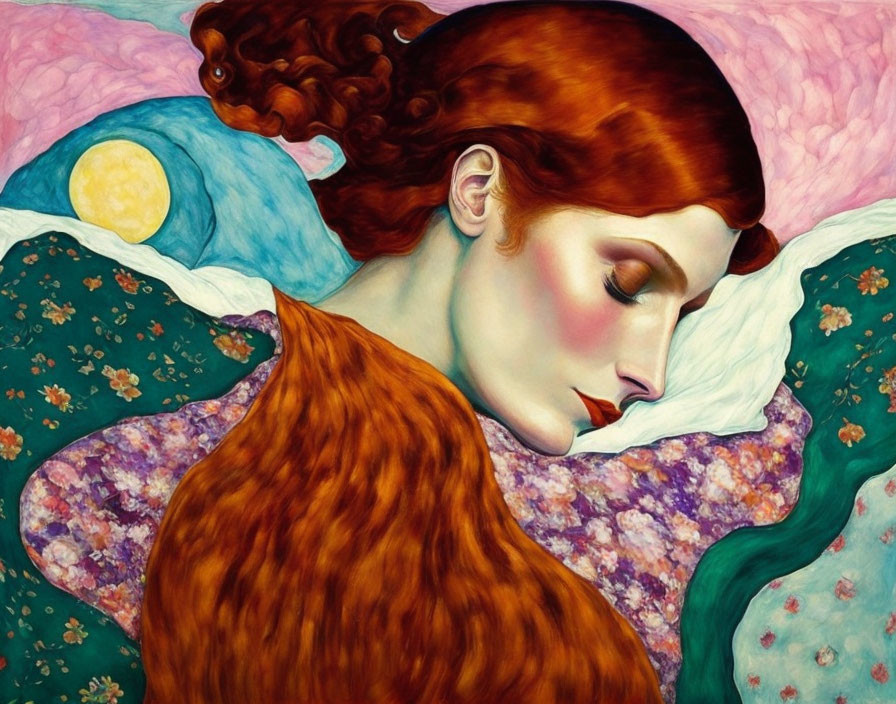 Vibrant illustration of woman with red hair in serene setting