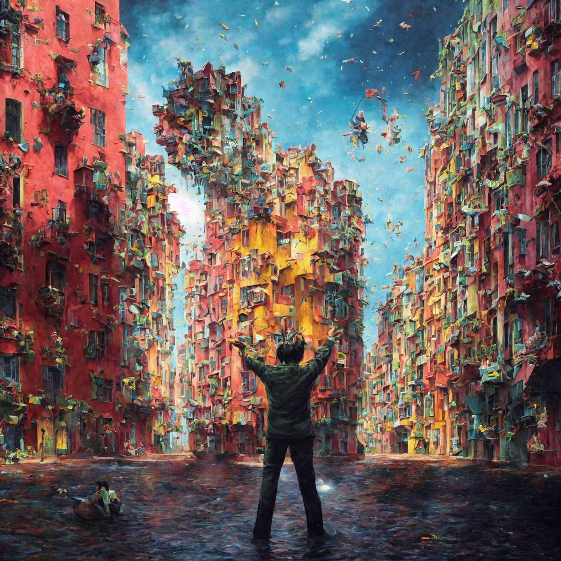 Person standing in water gazes at colorful chaotic buildings against vibrant sky