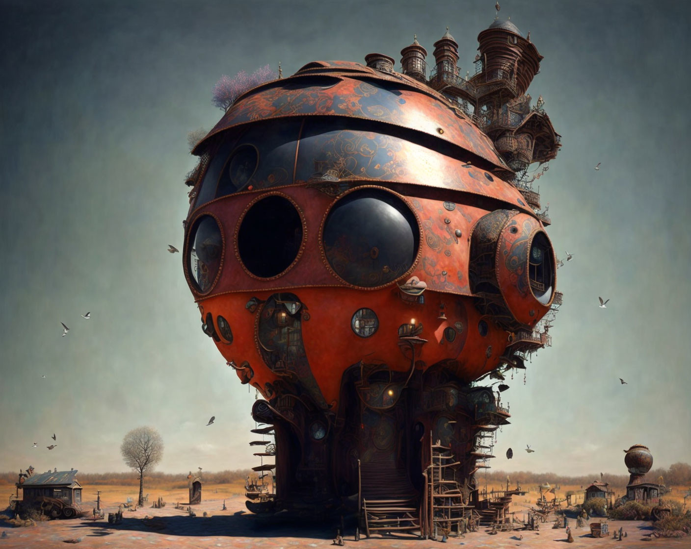 Rusty spherical structure with windows in barren landscape