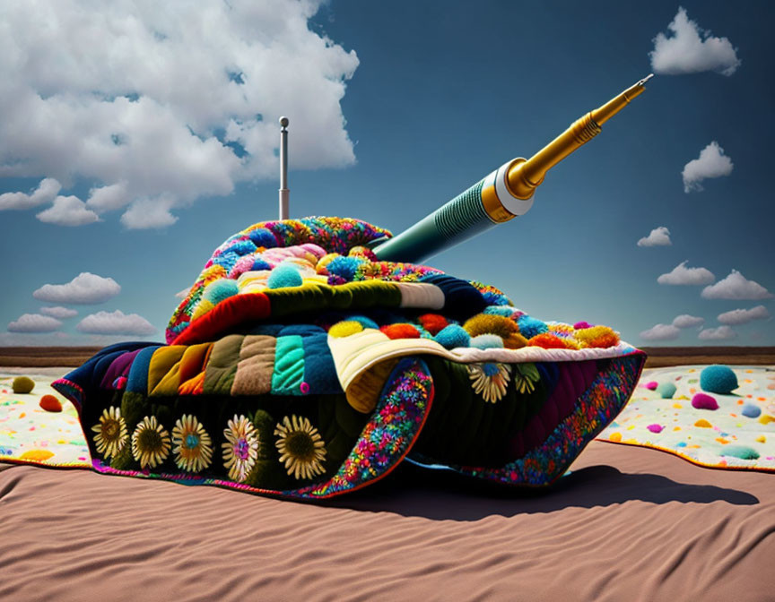 Vibrant oversized sewing needle on colorful cushion in desert landscape