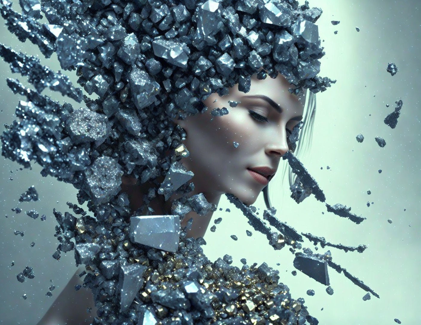 Digital artwork featuring woman with silver and gray crystal headpiece