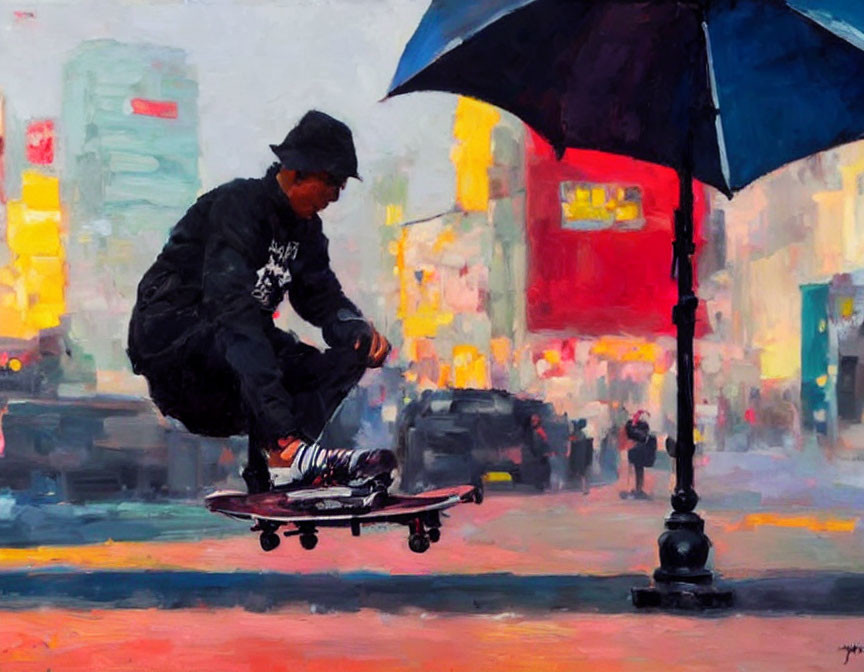 Skateboarder with open umbrella in cityscape scene