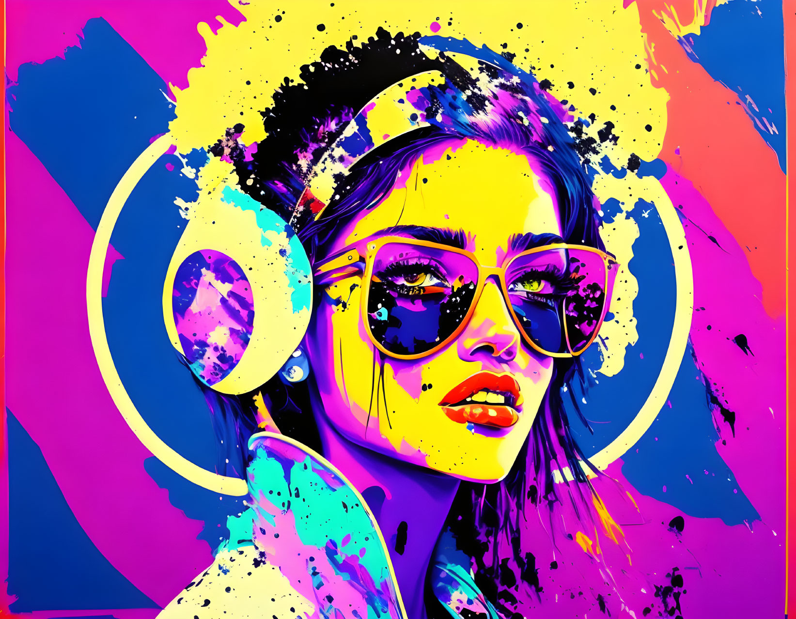 Colorful digital artwork: Woman with sunglasses and headphones in neon hues on blue and pink backdrop