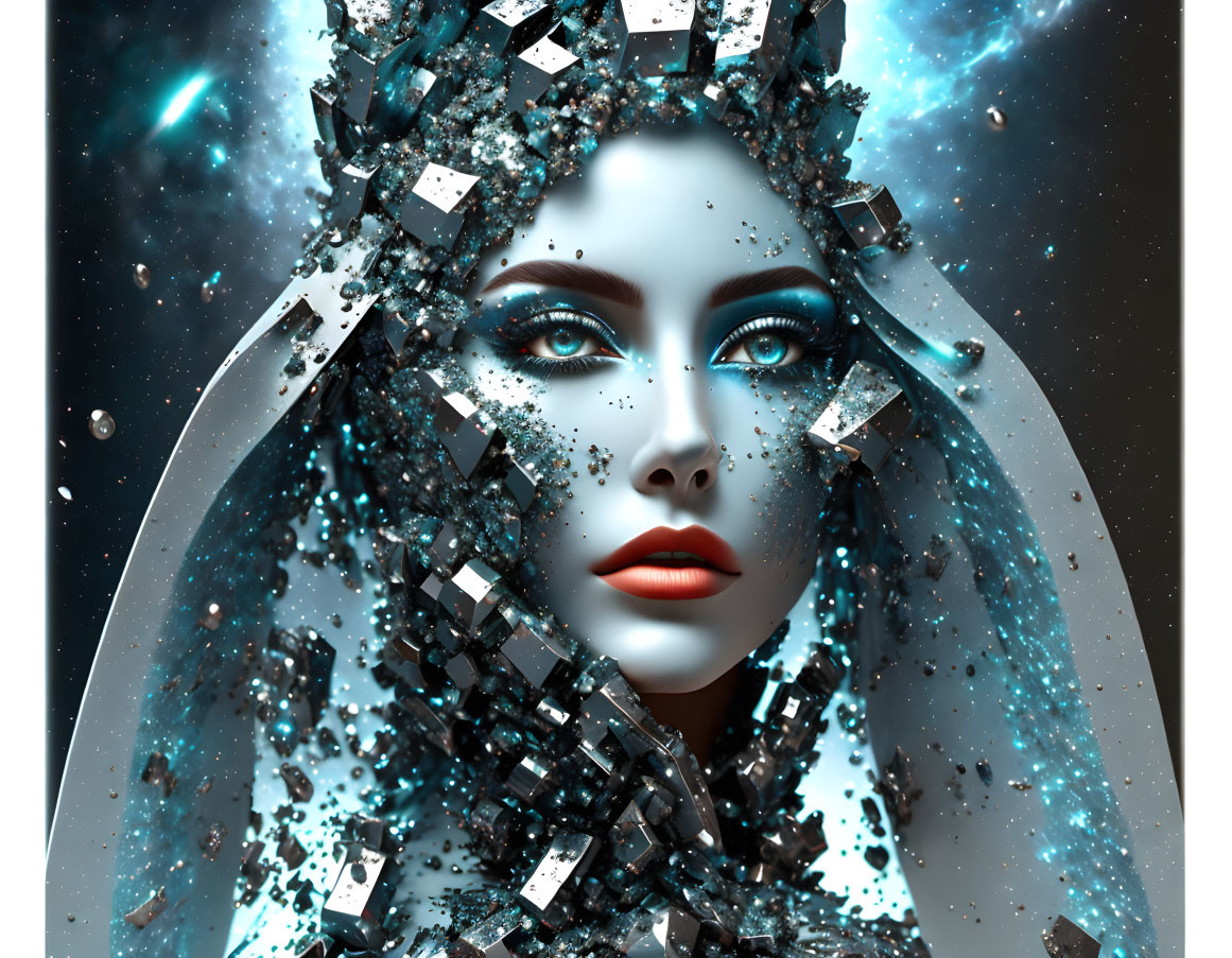 Blue-skinned female figure with vibrant eyes in cosmic setting