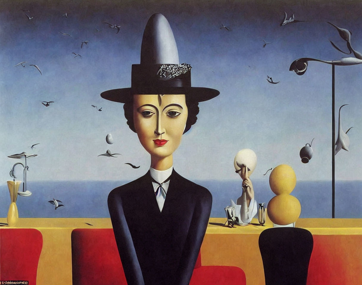 Surrealist painting: elongated face with bowler hat by calm sea