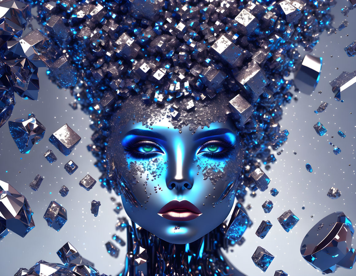 Digital artwork of woman with blue patterns and floating crystals