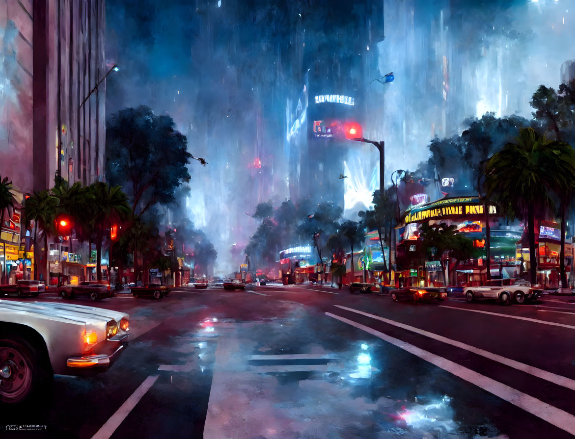 Nighttime cityscape with vintage cars and neon signs in a painterly style