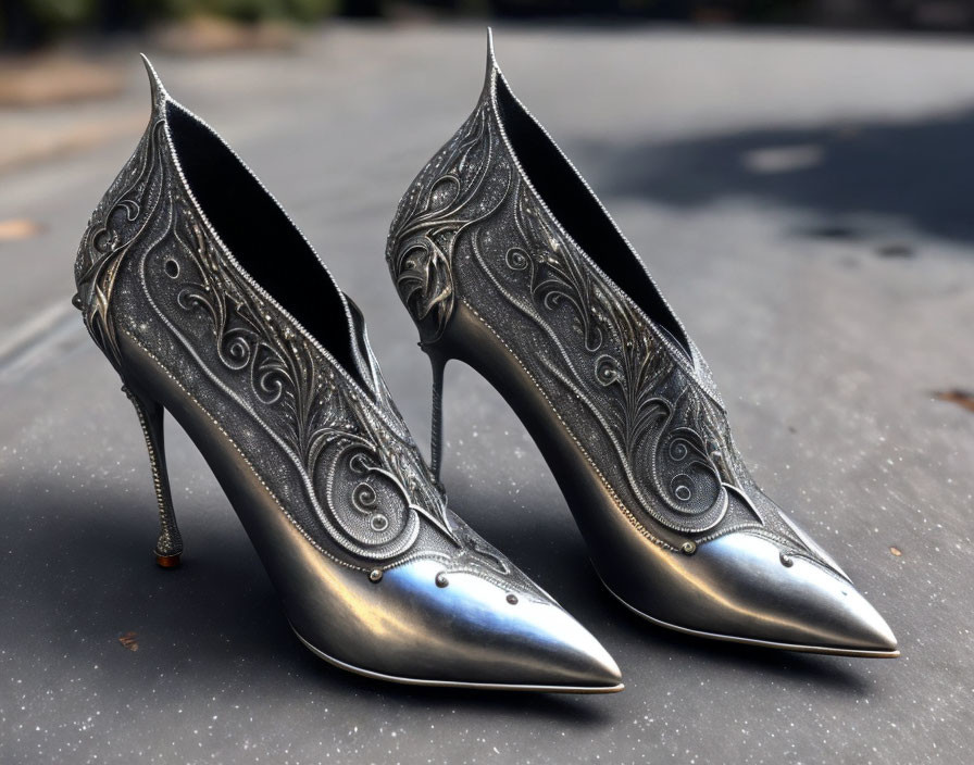 Ornate High-Heeled Shoes with Silver Embossed Patterns