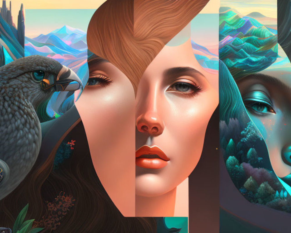 Surreal artwork: Woman's face split into three segments with nature, wildlife, and fantasy themes