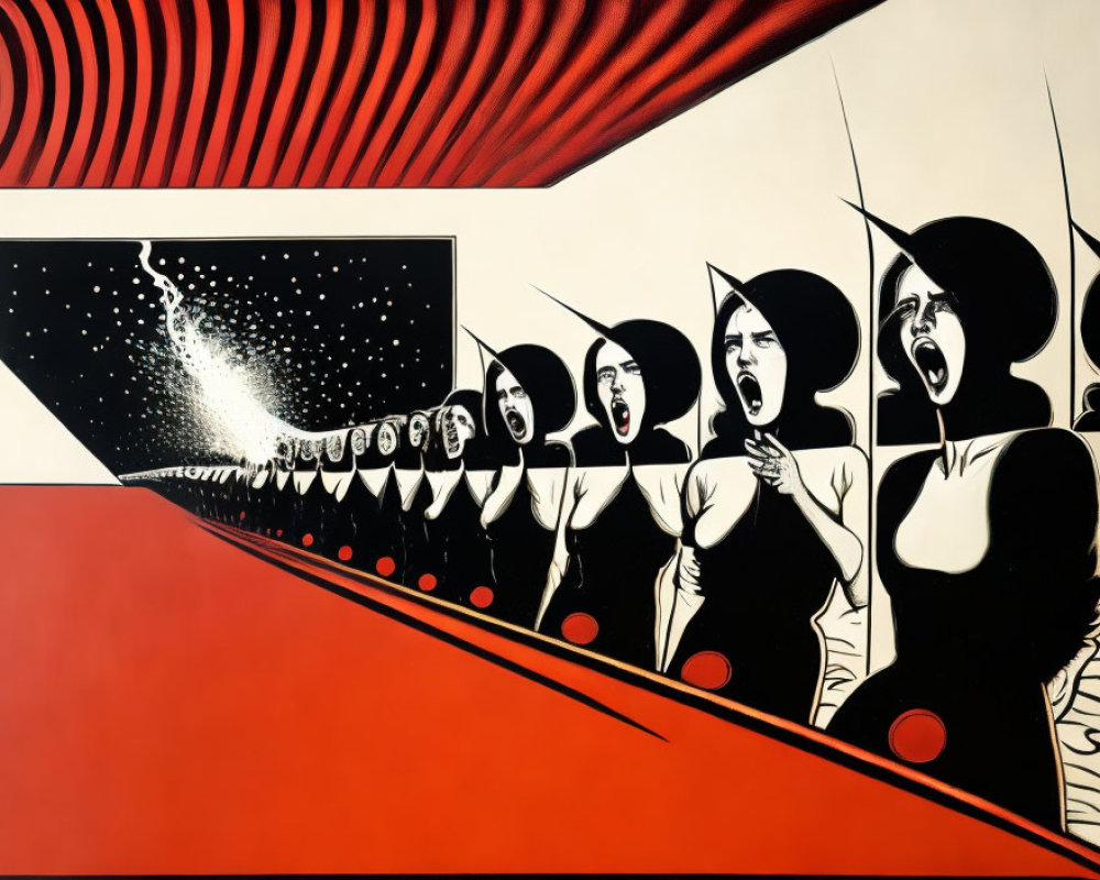 Abstract Artwork: Row of Identical Figures with Open Mouths on Red Background