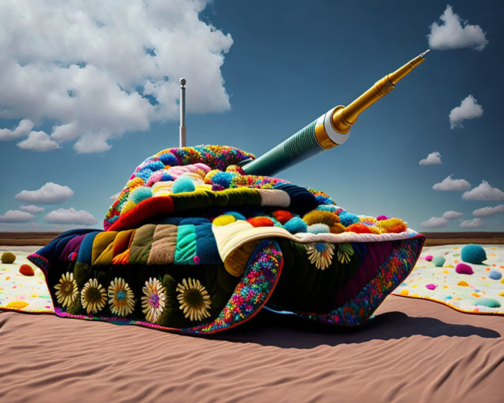 Vibrant oversized sewing needle on colorful cushion in desert landscape