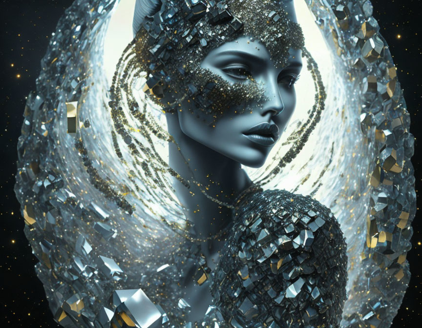 Woman adorned with glittering jewels in shimmering geometric halo against starry backdrop