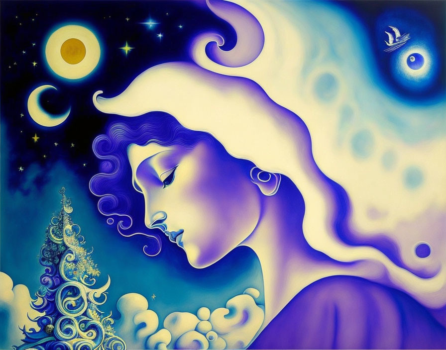 Surrealist Painting: Woman's Profile with Night Sky, Moon, Stars, Tree, Peacock