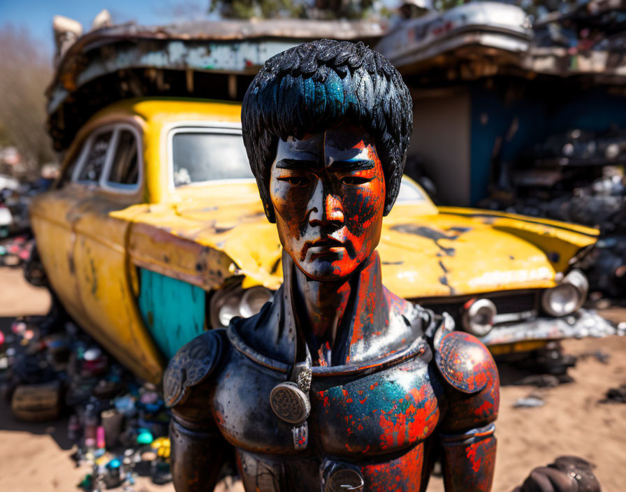 Weathered colorful statue against backdrop of scrapyard with yellow car