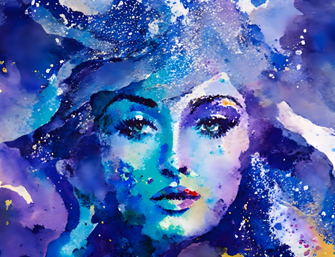 Vibrant Blue and Purple Abstract Watercolor Portrait of a Woman