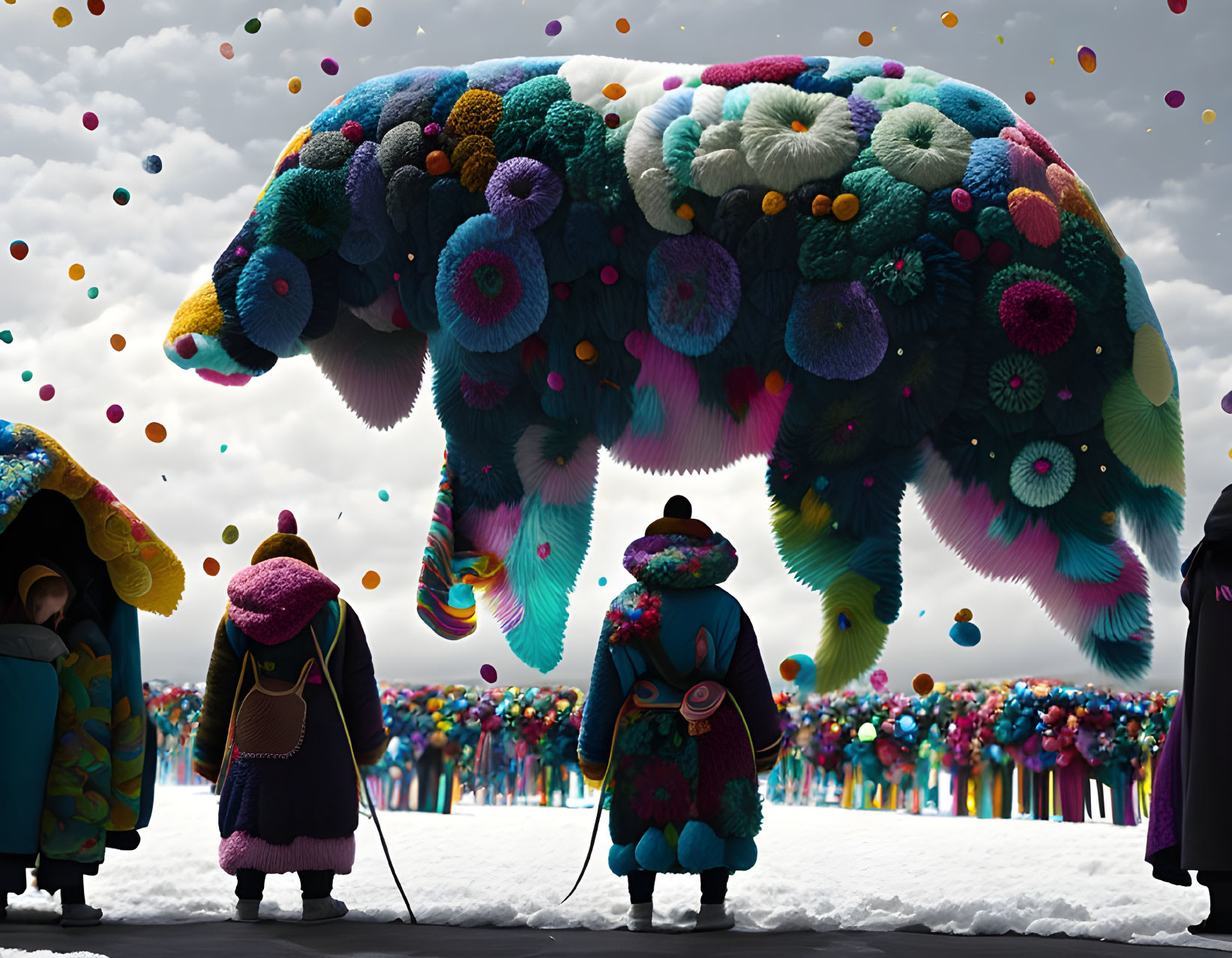 Colorful textile elephant hovers over snowy crowd with floating orbs