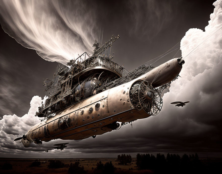 Steampunk-style airship in dramatic sky with birds and plains