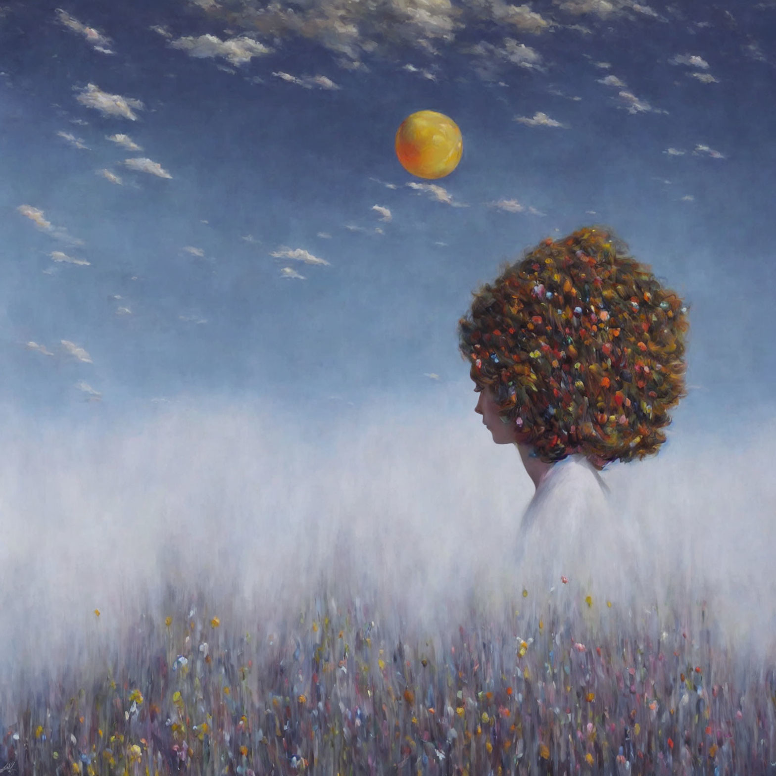 Person with vibrant flower-adorned afro gazing at golden orb in misty field