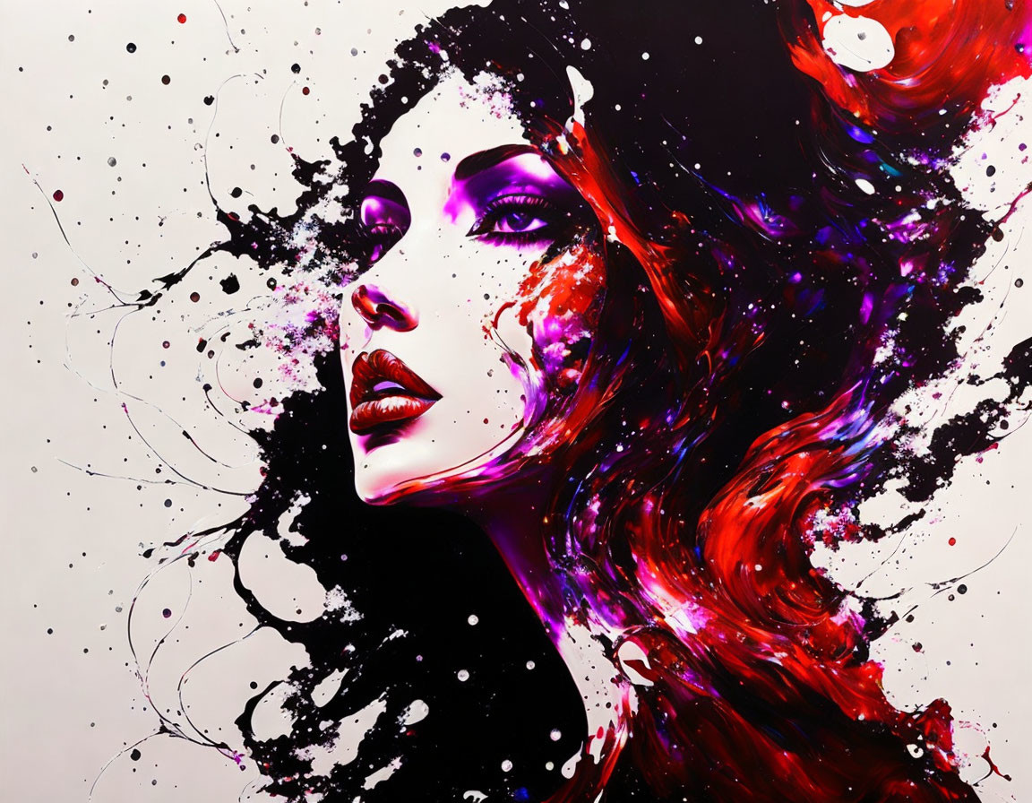 Vibrant red hair merges into ink splashes on white canvas