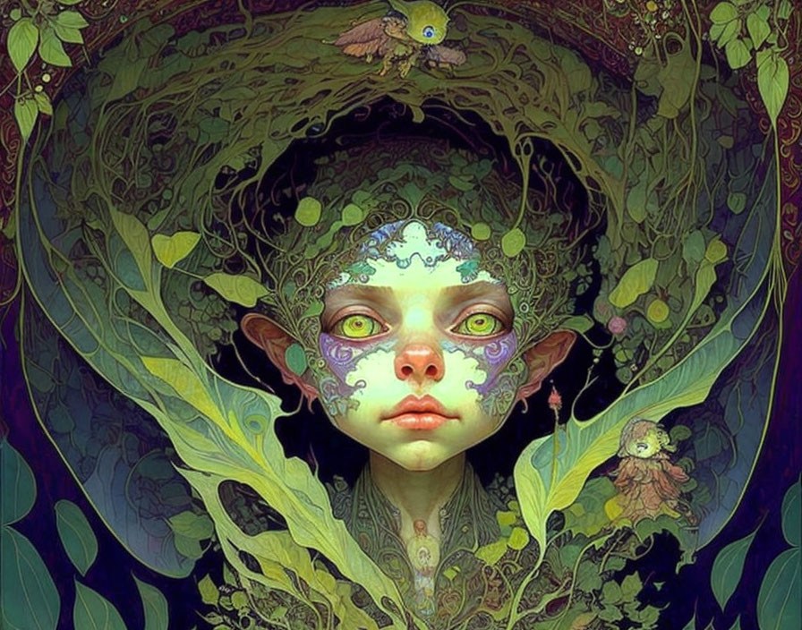 Green-eyed figure with intricate foliage and mystical patterns.