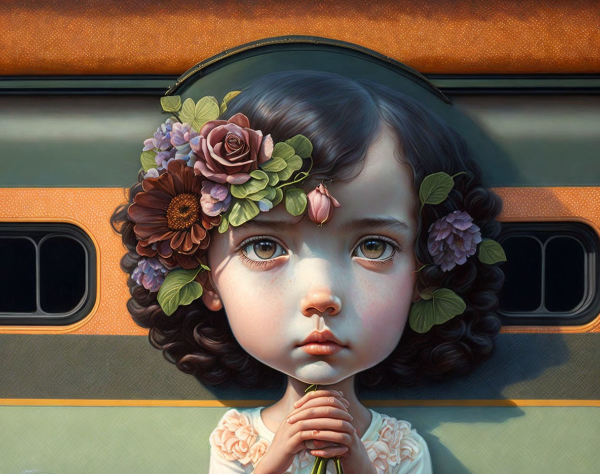 Young girl with expressive eyes and floral headband holding flower stem in front of train car backdrop.