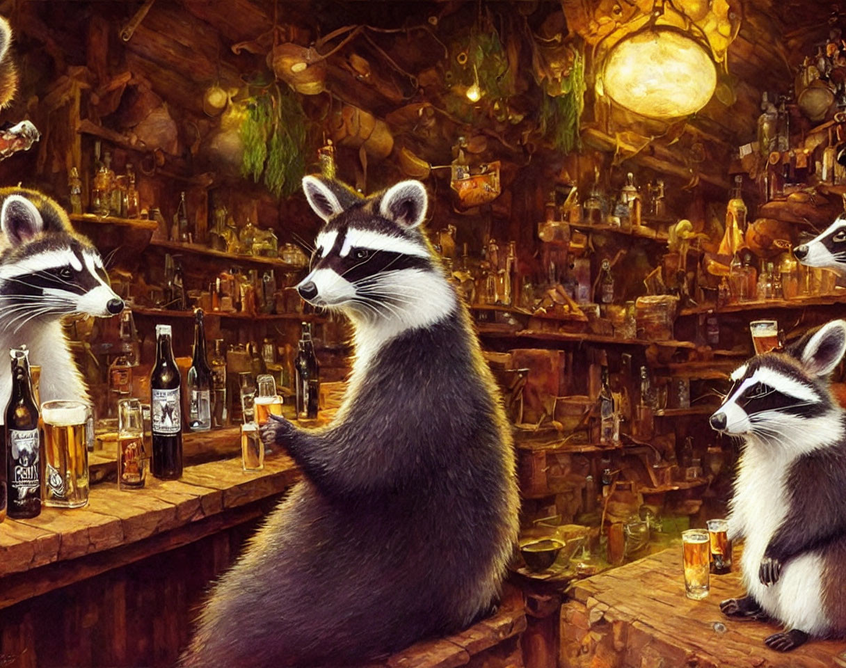 Rustic bar scene with three raccoons conversing